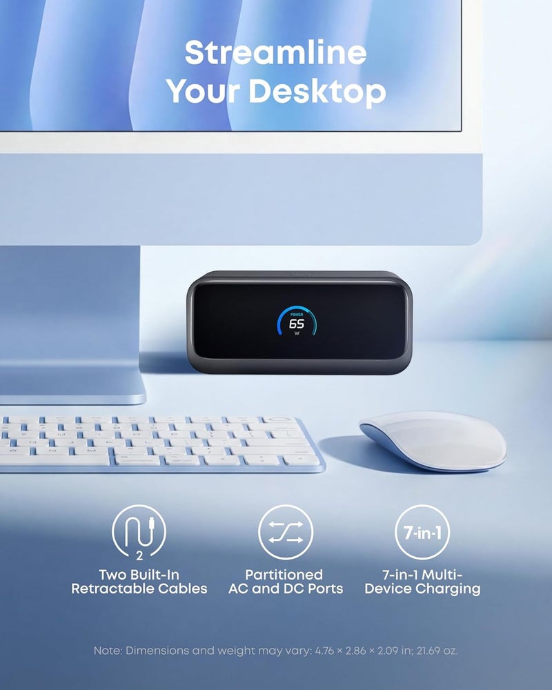 Anker Nano Charging Station, 7-in-1 USB-C Power Strip for iPhone 16, 2.3 ft InstaCord Retractable Cable, 3 USB-C, 1 USB-A, 3 AC, 100W Desktop Fast Charging for MacBook, Home, Office(Non-Battery) - Image 3